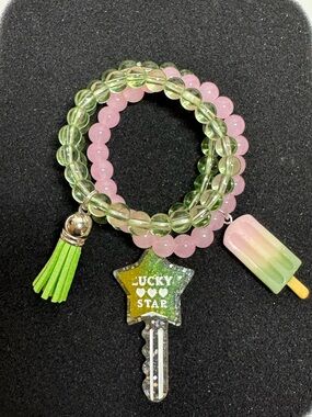 Pink & Light Green Beaded Bracelet Stack with Lucky Star Key Charm